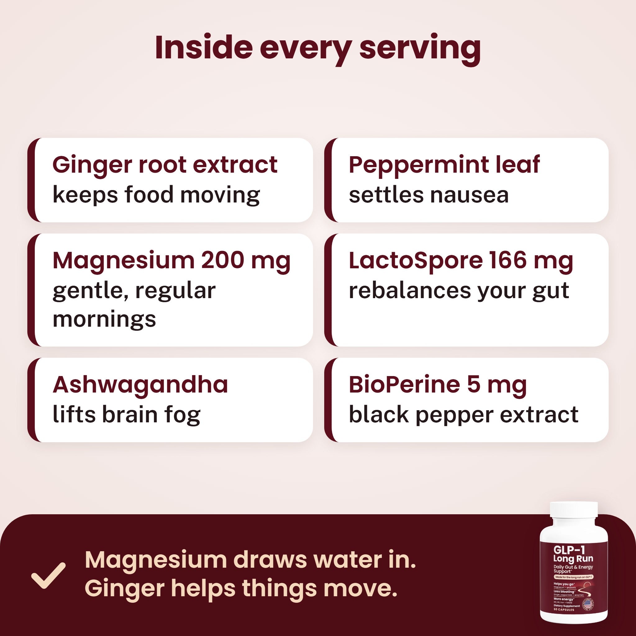 Inside every serving - Ginger root extract - keeps food moving - Peppermint leaf - settles nausea - Magnesium 200 mg - gentle, regular mornings - LactoSpore 166 mg - rebalances your gut - Ashwagandha - lifts brain fog - BioPerine 5 mg - black pepper extract - Magnesium draws water in. Ginger helps things move.