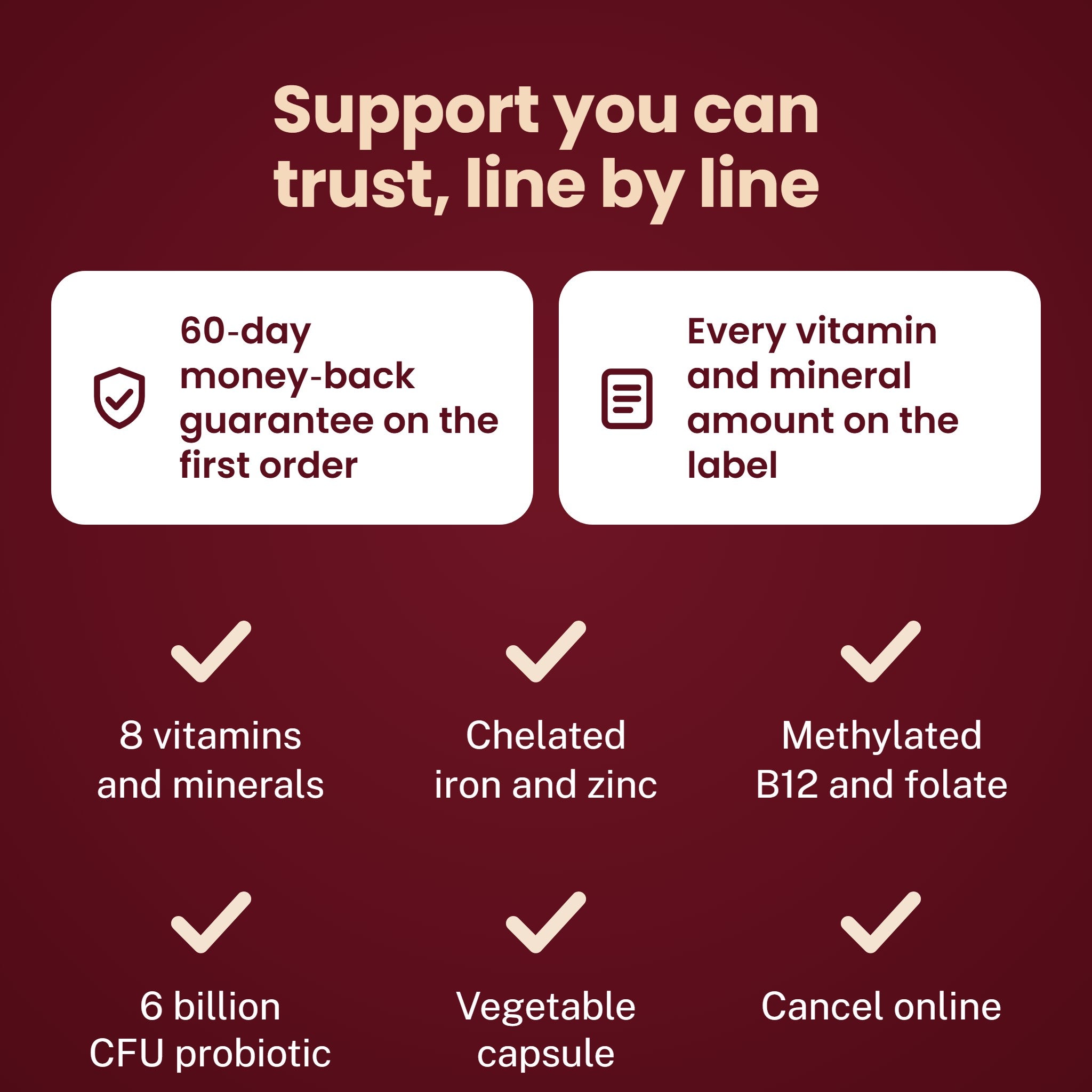 Support you can trust, line by line - 60-day money-back guarantee on the first order - Every vitamin and mineral amount on the label - 8 vitamins and minerals - Chelated iron and zinc - Methylated B12 and folate - 6 billion CFU probiotic - Vegetable capsule - Cancel online