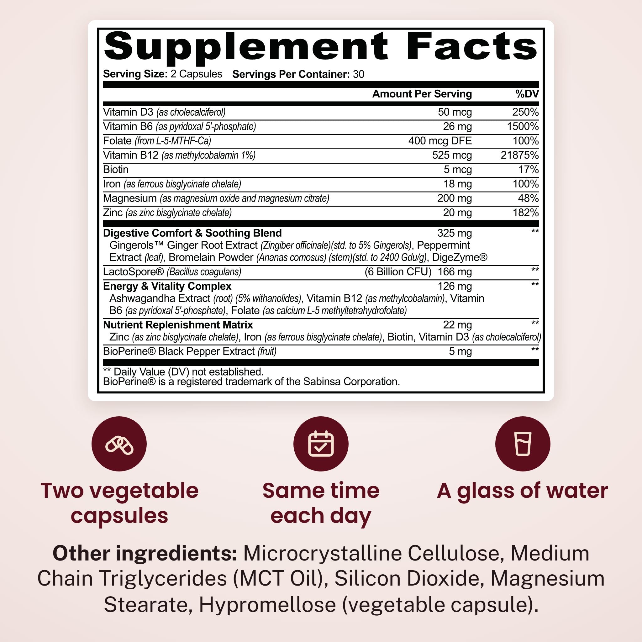 Supplement Facts. Serving size 2 capsules, servings per container 30. Vitamin D3 50 mcg 250% DV, vitamin B6 26 mg 1500%, folate 400 mcg DFE 100%, vitamin B12 525 mcg 21875%, biotin 5 mcg 17%, iron 18 mg 100%, magnesium 200 mg 48%, zinc 20 mg 182%, Digestive Comfort & Soothing Blend 325 mg, LactoSpore (6 Billion CFU) 166 mg, Energy & Vitality Complex 126 mg, Nutrient Replenishment Matrix 22 mg, BioPerine Black Pepper Extract 5 mg. Daily Value not established. Two vegetable capsules. Same time each day. A glass of water. Other ingredients: Microcrystalline Cellulose, Medium Chain Triglycerides (MCT Oil), Silicon Dioxide, Magnesium Stearate, Hypromellose (vegetable capsule).